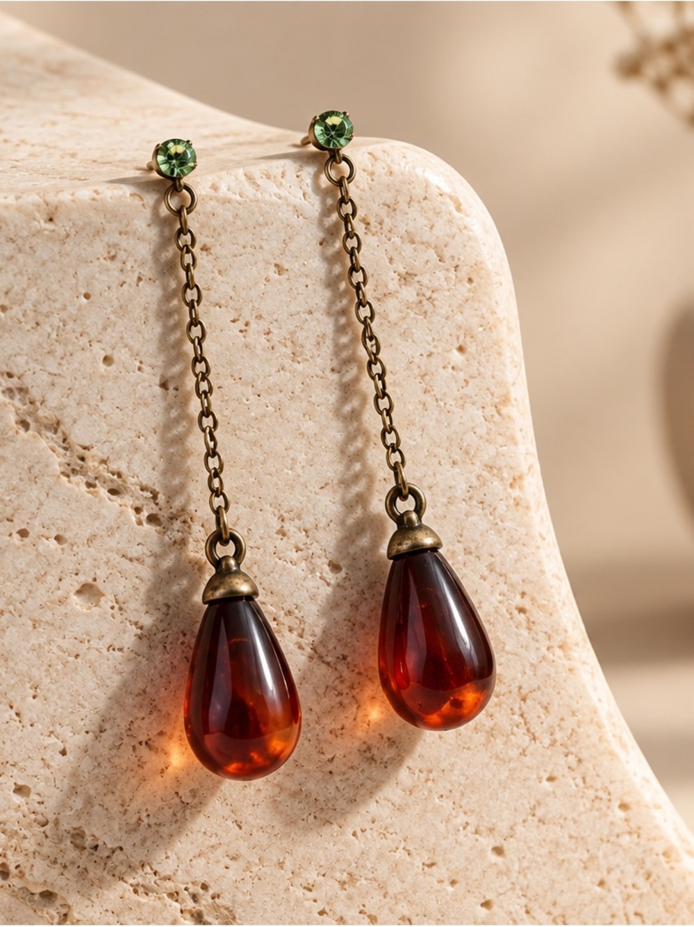 Vintage-Style Amber Teardrop Drop Earrings with Green Crystal Studs